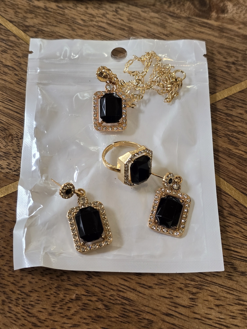 Gold-Tone Black Stone Necklace, Ring & Earrings Jewelry Set